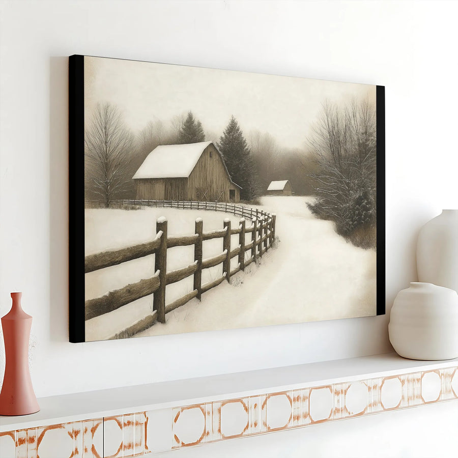 Winter Barn Canvas Wall Art | Snowy Rustic Landscape Print | Premium 1.25" Gallery Wrap | Seasonal Farmhouse Home Decor for Living Room