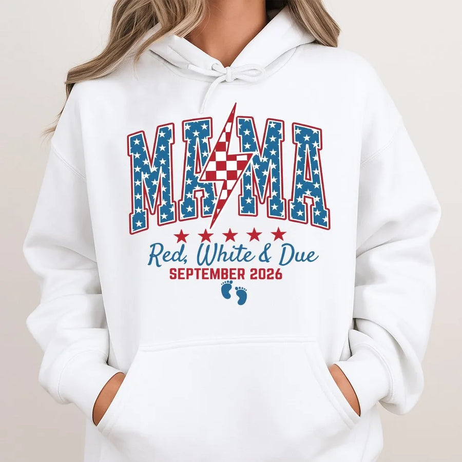 Pregnancy Announcement Hoodie | Red White and Due Mama Graphic | Cozy Cotton Blend | 4th of July Baby Reveal Gift for Expecting Mom