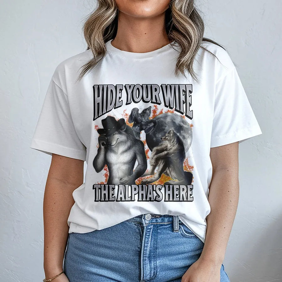 Alpha Wolf Meme T-Shirt | Hide Your Wife Bootleg Graphic Tee | Soft Cotton Unisex Fit | Funny Gag Gift for Men