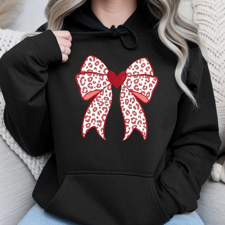 Leopard Print Bow Hoodie | Valentine Heart Aesthetic Graphic | Premium Cotton Blend | Cute Gift For Her & Women
