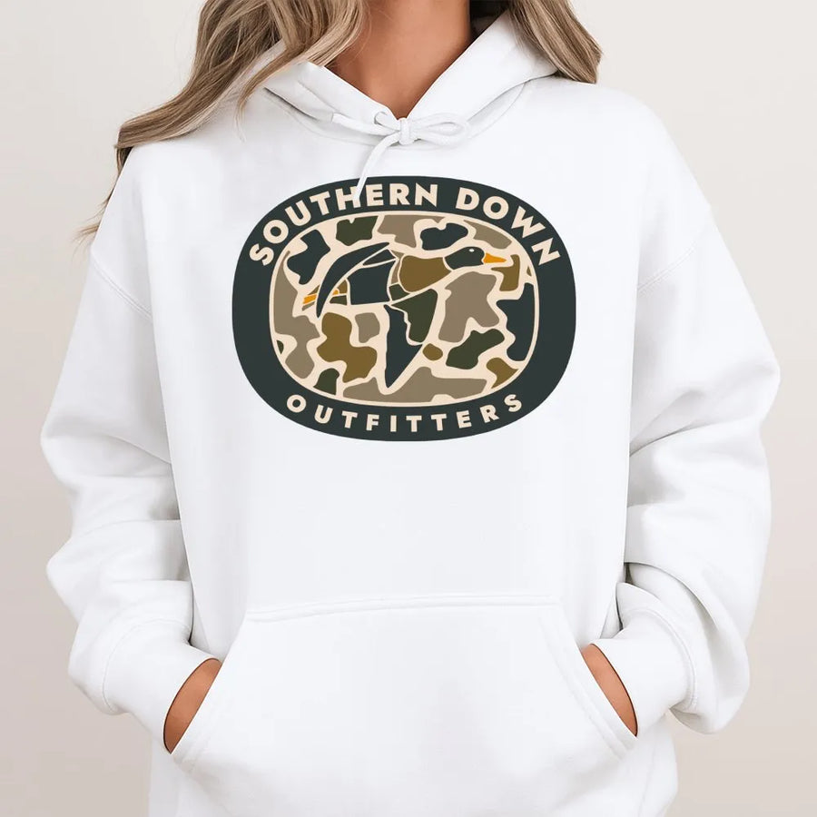 Camo Duck Hunting Hoodie | Vintage Waterfowl Graphic Badge | Premium Cotton Blend | Gift For Outdoorsmen And Hunters