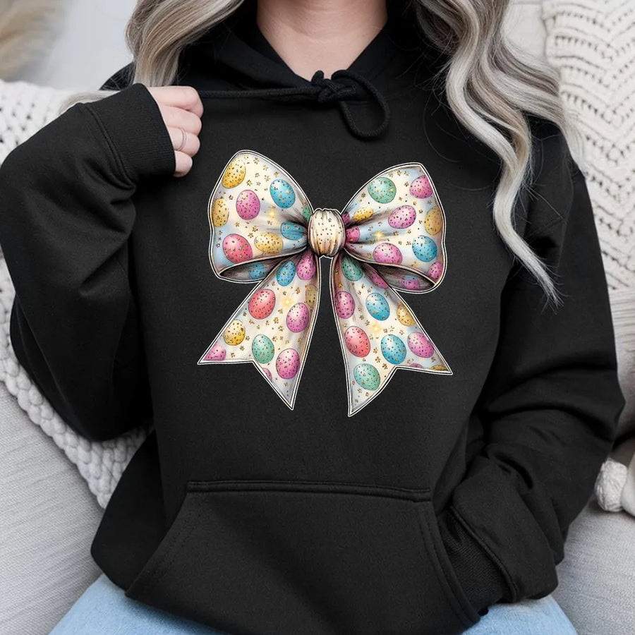 Easter Bow Hoodie | Pastel Egg Pattern Aesthetic | Soft Cotton-Blend Premium Quality | Cute Spring Holiday Gift For Her
