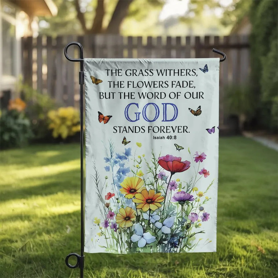 Christian Garden Flag | Isaiah 40:8 Bible Verse with Watercolor Wildflowers | Premium Double Sided Fabric | Religious Yard Decor Gift