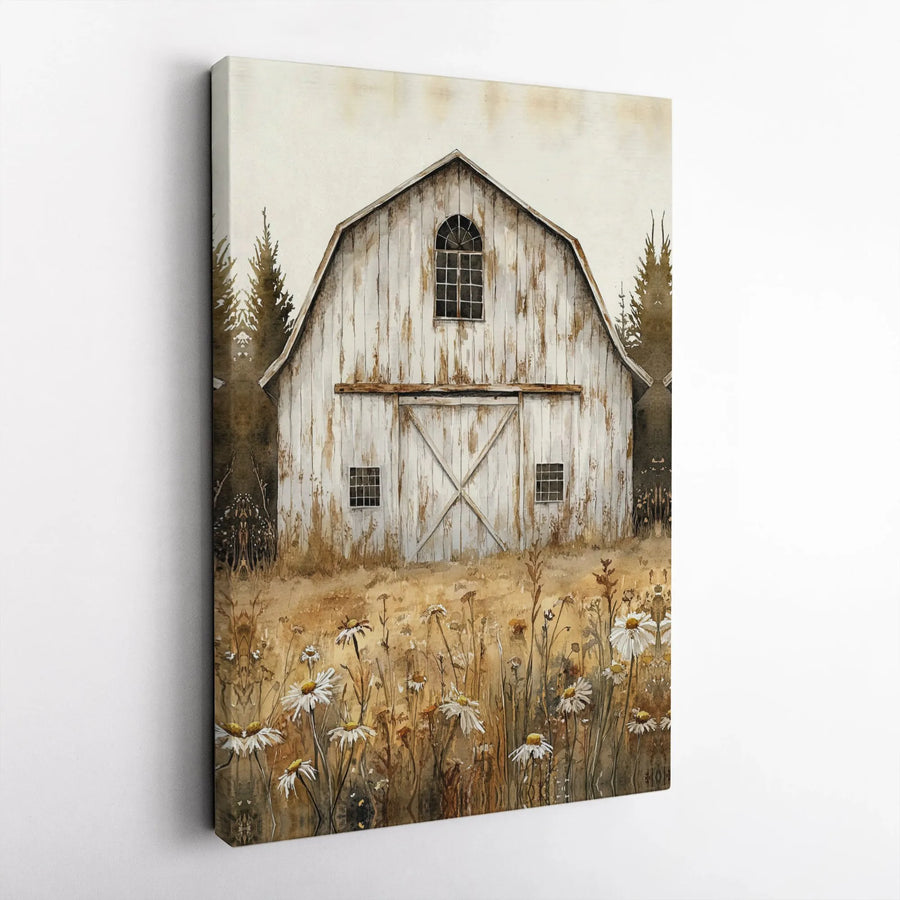 Rustic White Barn Canvas Print | Watercolor Wildflower Field Wall Art | Premium Gallery Wrap Decor | Farmhouse Living Room Wall Decor