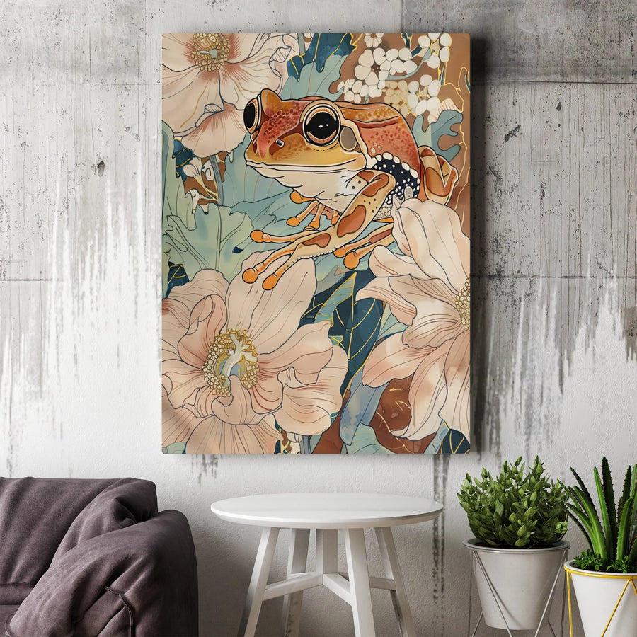 Art Nouveau Frog Vertical Canvas | Japanese Style Botanical Illustration | Premium Frameless Wall Decor | Boho Living Room Art Gift