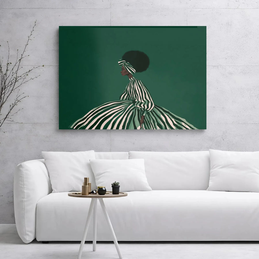 Black Woman Art Canvas | Modern Afro Fashion Portrait | 1.25 Inch Gallery Wrap | Elegant Green Wall Decor for Bedroom or Living Room