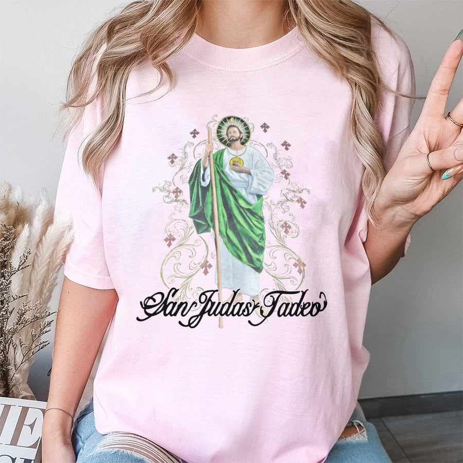 San Judas Tadeo T-Shirt | Saint Jude Religious Graphic Art | 100% Premium Cotton Tee | Catholic Faith Gift for Men and Women