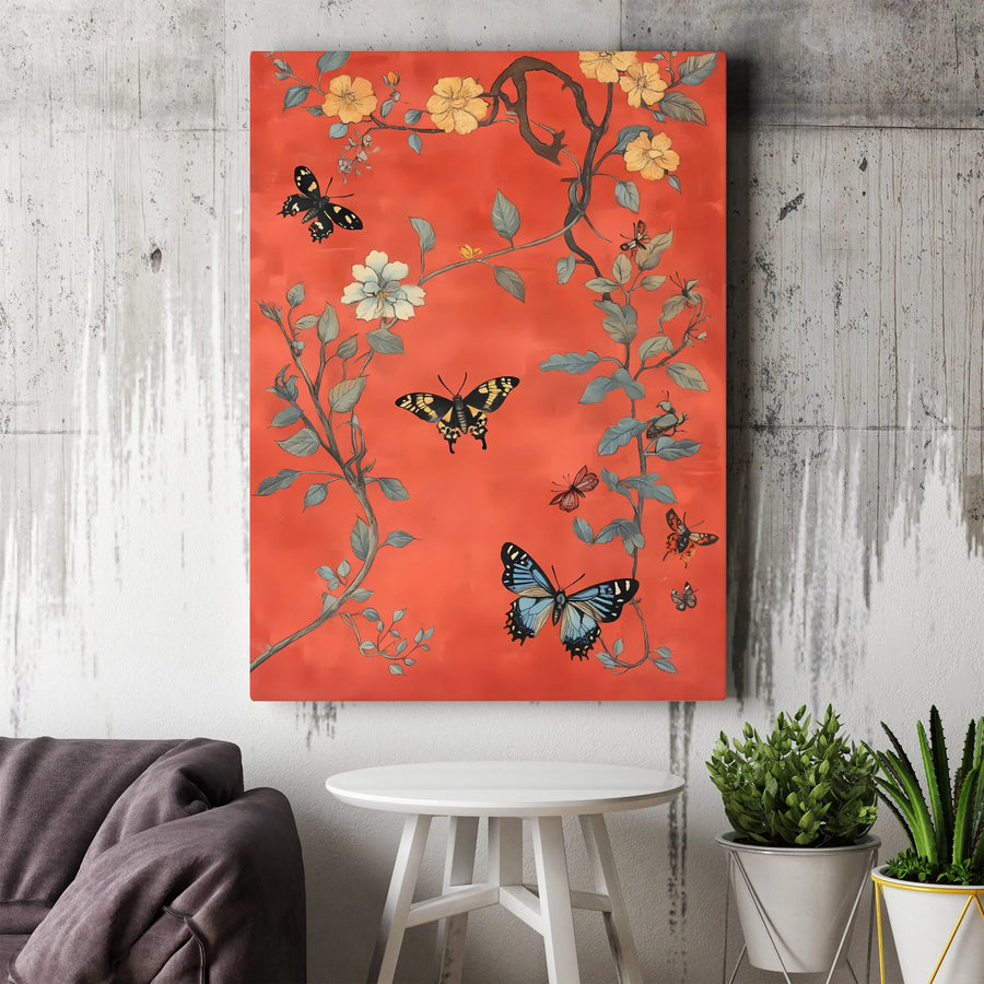 Vintage Butterfly Canvas Art | Red Chinoiserie Floral & Butterfly Print | Premium Gallery Wrapped Canvas | Elegant Home Decor Gift