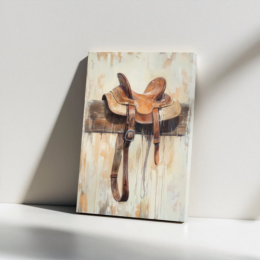 Rustic Horse Saddle Canvas | Vintage Western Farmhouse Painting | Premium Gallery Wrapped Art | Gift for Cowboy or Horse Lover