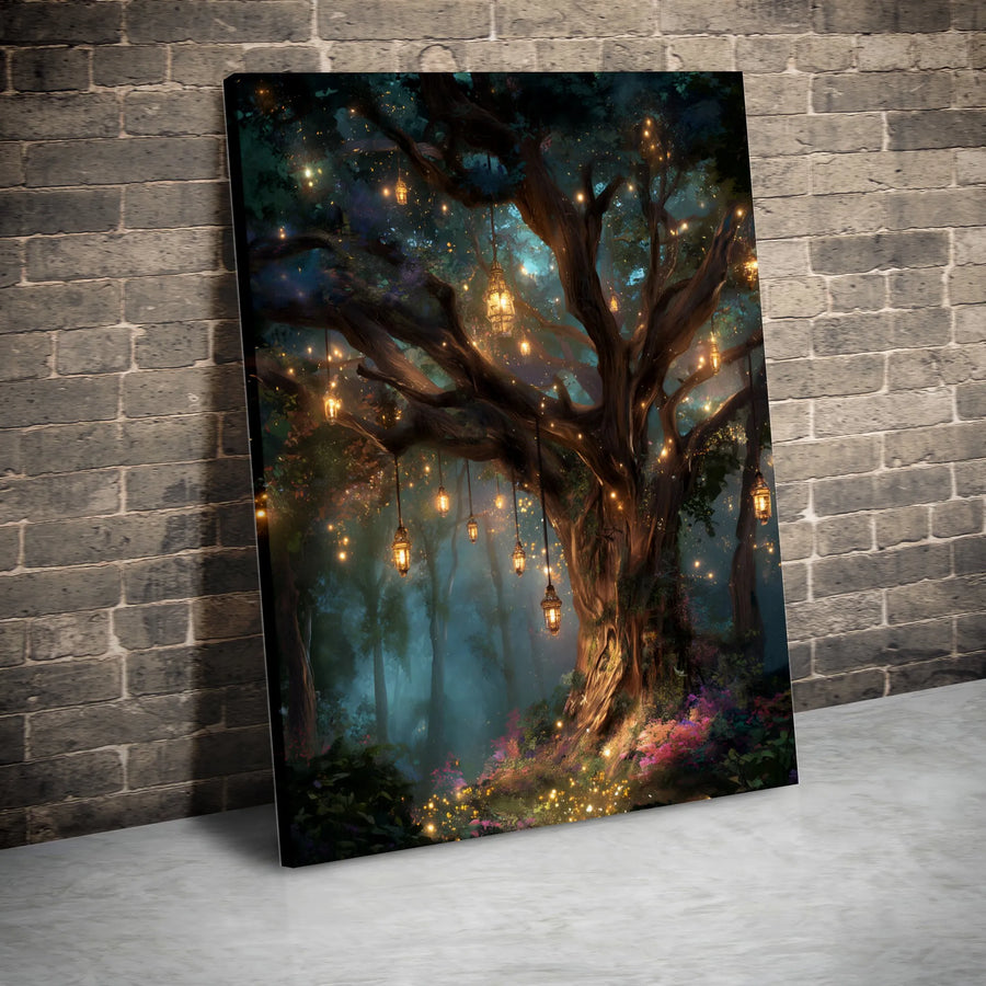 Enchanted Forest Canvas Wall Art | Whimsical Glowing Lanterns Tree | Premium Gallery Wrap Decor | Fantasy Landscape Gift for Home Office