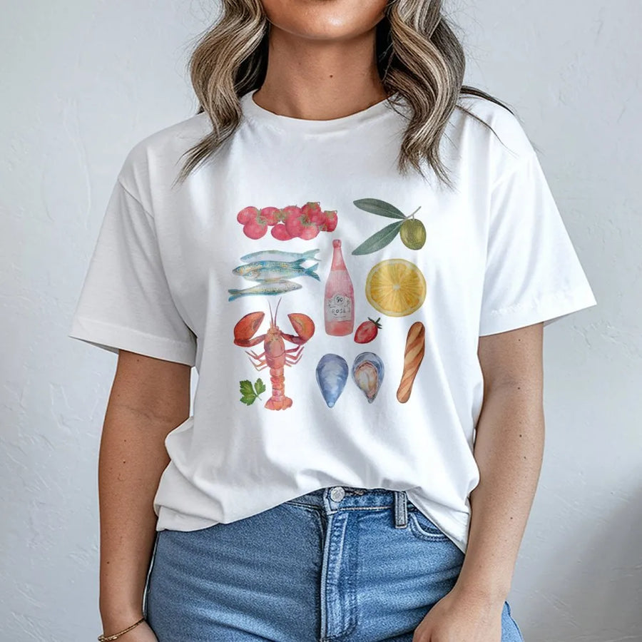 Mediterranean Food Graphic Tee | Watercolor Seafood & Wine Print | Premium Soft Cotton | Coastal Summer Unisex Foodie Gift