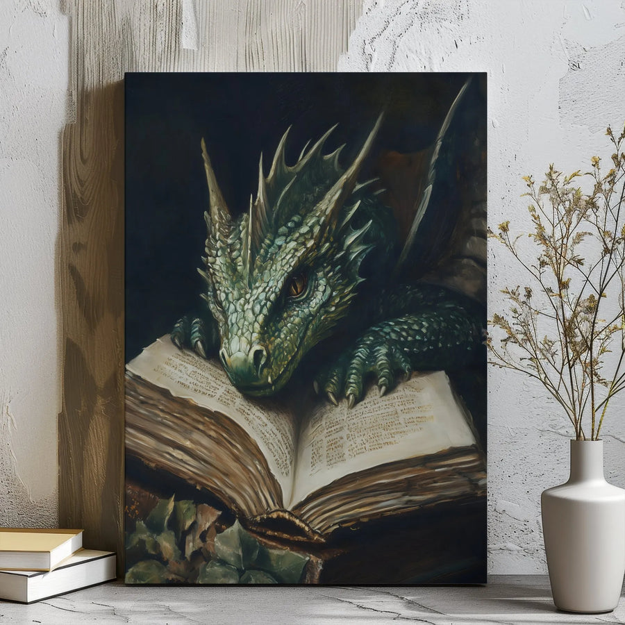 Green Dragon Reading Book Canvas Wall Art | Whimsical Fantasy Creature Decor | Gallery Wrapped Premium Quality | Gift for Fantasy Readers & Nerds