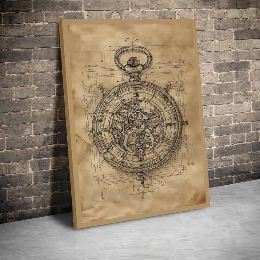 Steampunk Pocket Watch Canvas Art | Mechanical Clockwork Blueprint Print | Premium Gallery Wrap | Collector's Gift for Engineer