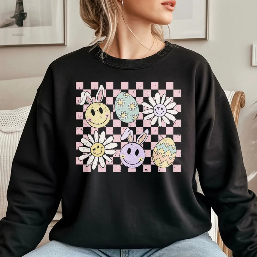 Checker Bunny Easter Sweatshirt | Retro Smiley Rabbit Graphic | Cotton Blend Cozy Crewneck | Spring Holiday Gift For Women And Men