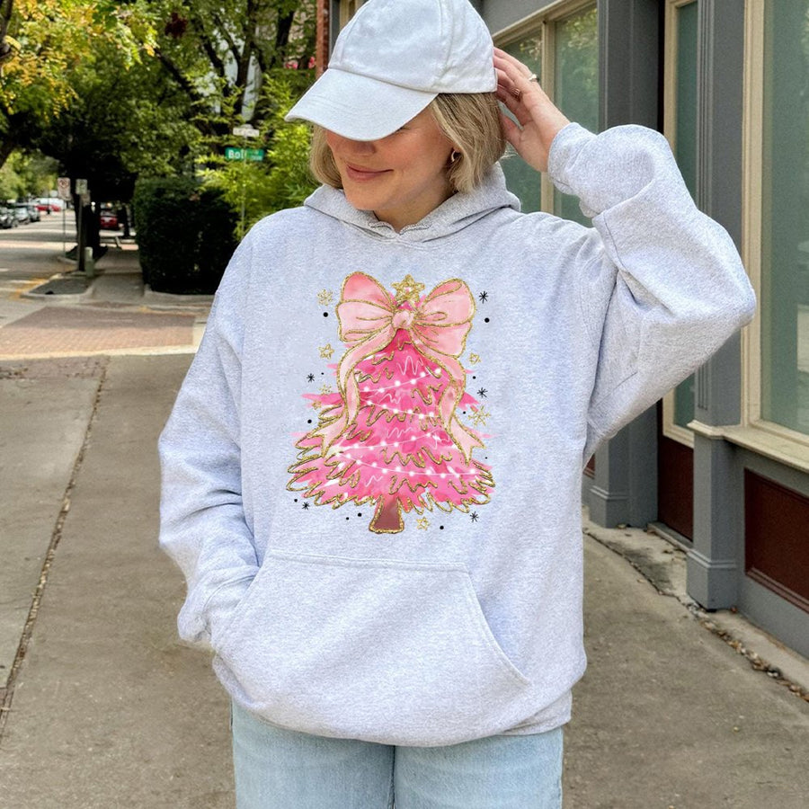 Pink Christmas Tree Hoodie | Coquette Aesthetic Bow Design | Soft Premium Cotton Blend | Trendy Holiday Gift for Women