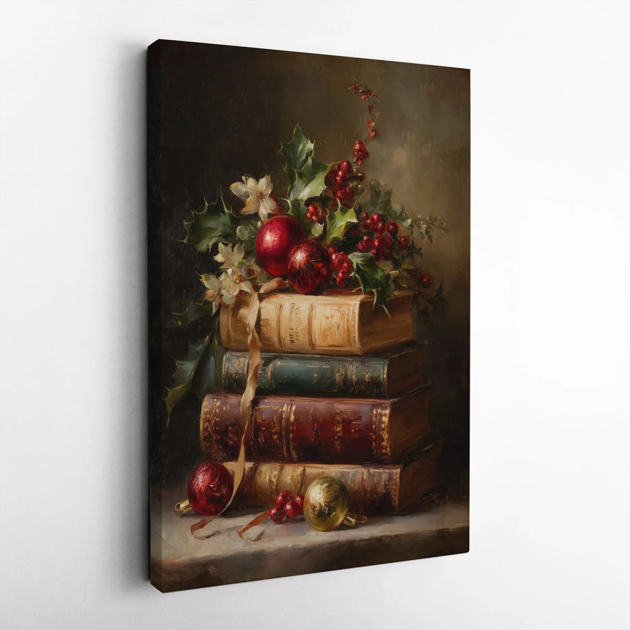 Christmas Still Life Canvas Print | Vintage Books And Holly Berries | Premium Fade-Resistant Wall Art | Festive Holiday Home Decor Gift