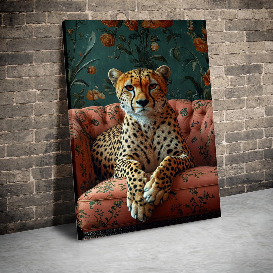 Cheetah Portrait Canvas Wall Art | Vintage Floral Armchair Print | 1.25-Inch Premium Gallery Wrap | Whimsical Animal Home Decor Gift