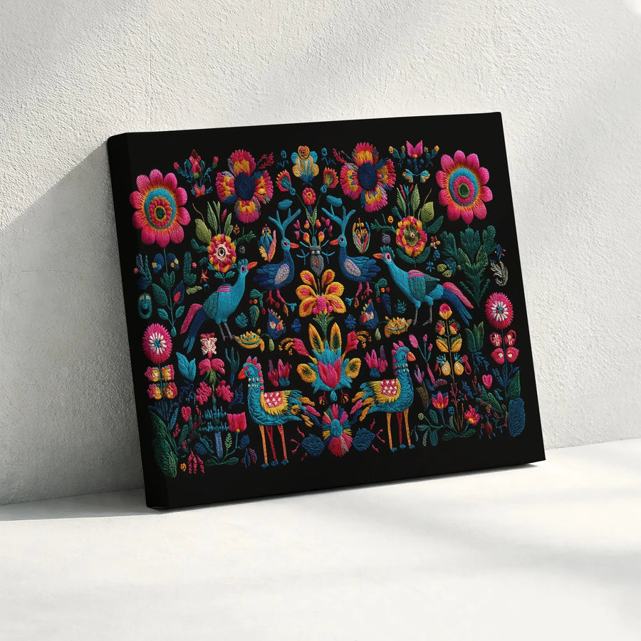 Mexican Folk Art Canvas Print | Vibrant Embroidery Style Birds & Flowers | Premium Gallery Wrapped Wall Art | Bohemian Home Decor Gift