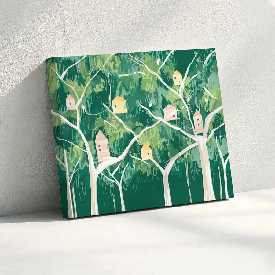 Woodland Forest Treehouse Horizontal Canvas | Cute Pastel House Canopy Illustration | Premium 1.25 Inch Gallery Wrap | Charming Nursery & Living Room Wall Art Gift