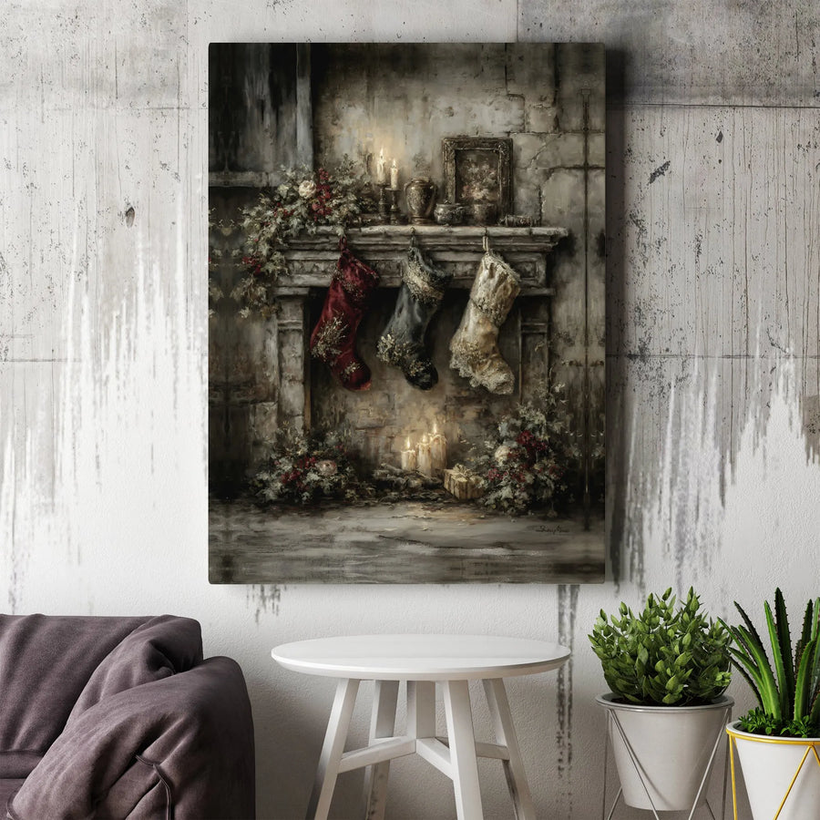 Vintage Christmas Fireplace Canvas Wall Art | Rustic Holiday Stockings Decor | Premium Fade-Resistant Gallery Wrap | Cozy Winter Living Room Gift