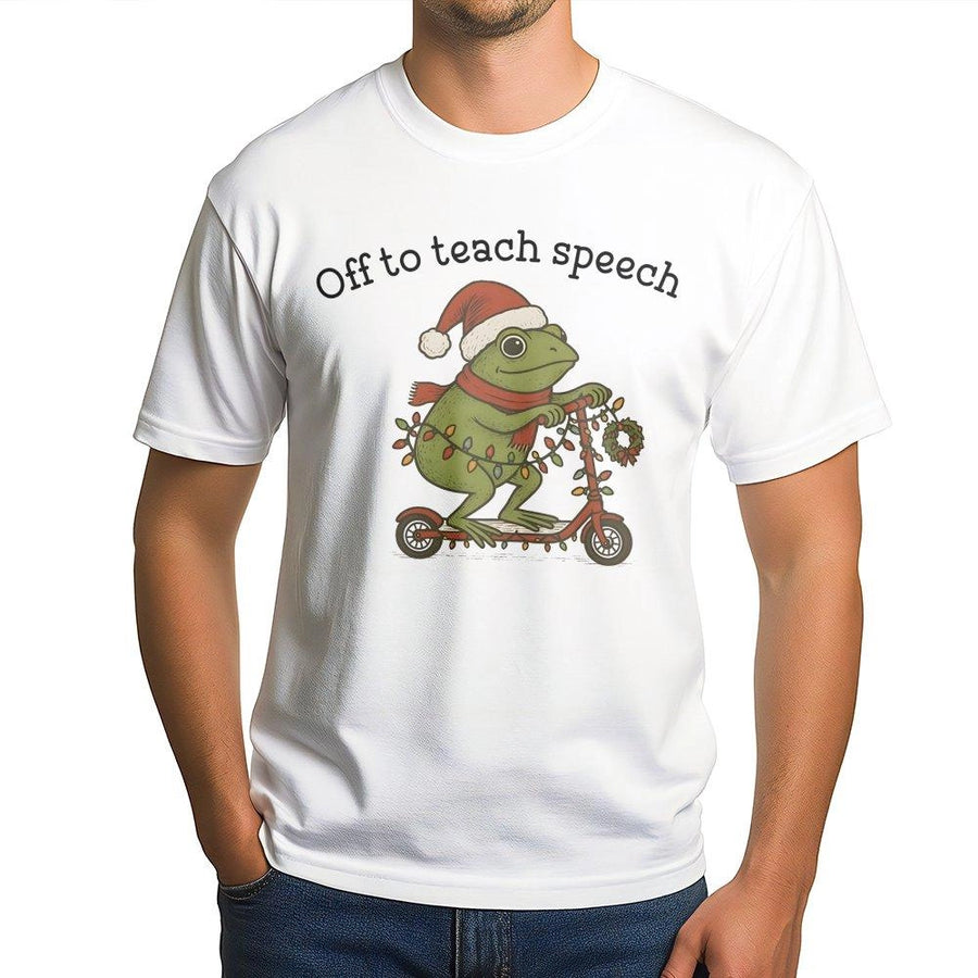 Speech Therapist T-Shirt | Funny Christmas Frog Scooter Design | Premium 100% Cotton Tee | Gift for SLP Language Pathologists