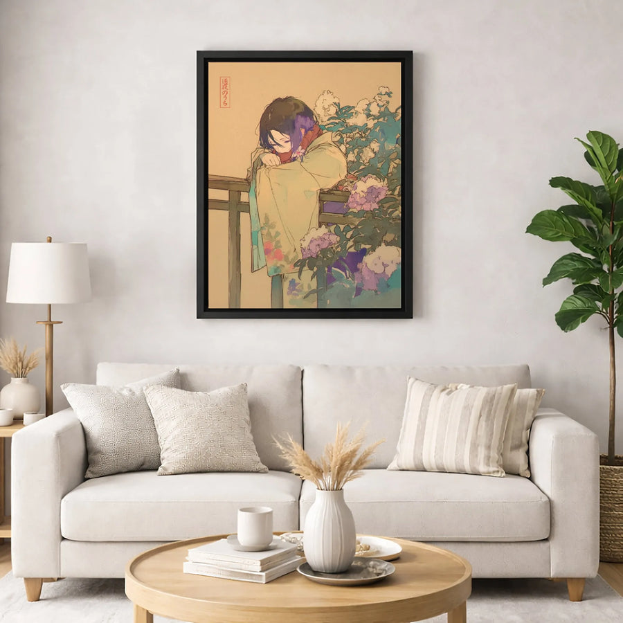 Anime Girl in Kimono Canvas Wall Art | Floral Japanese Aesthetic Print | Premium 1.25-Inch Gallery Wrap | Home Office Decor Gift