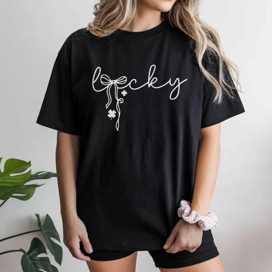 Lucky Shamrock T-Shirt | Cute Bow Clover Graphic Print | Premium 100% Cotton Tee | St Patricks Day Gift For Women And Girls