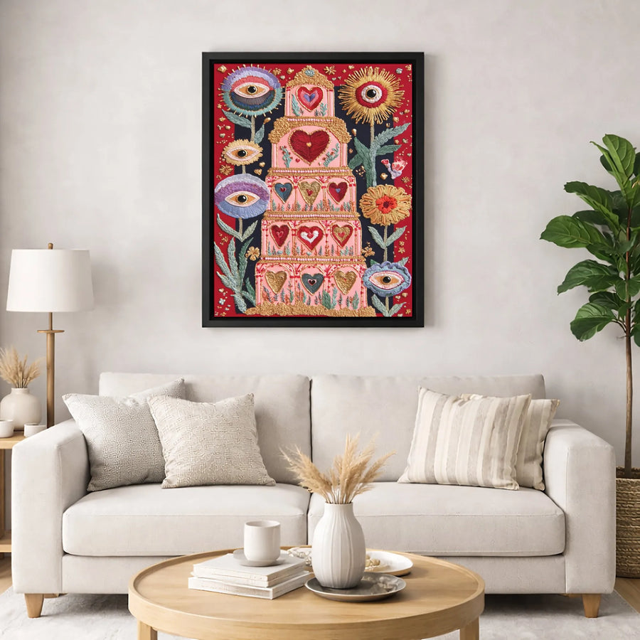 Surreal Heart Cake Canvas Art | Mystical All-Seeing Eye Flowers Print | Gallery-Quality 1.25" Thick Wall Decor | Unique Boho Gift for Her