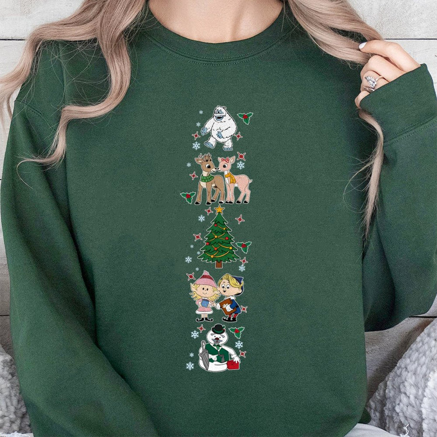Retro Christmas Characters Sweatshirt | Nostalgic Reindeer and Snowman Graphic | Premium Cotton Blend | Unisex Holiday Gift for Christmas Lovers