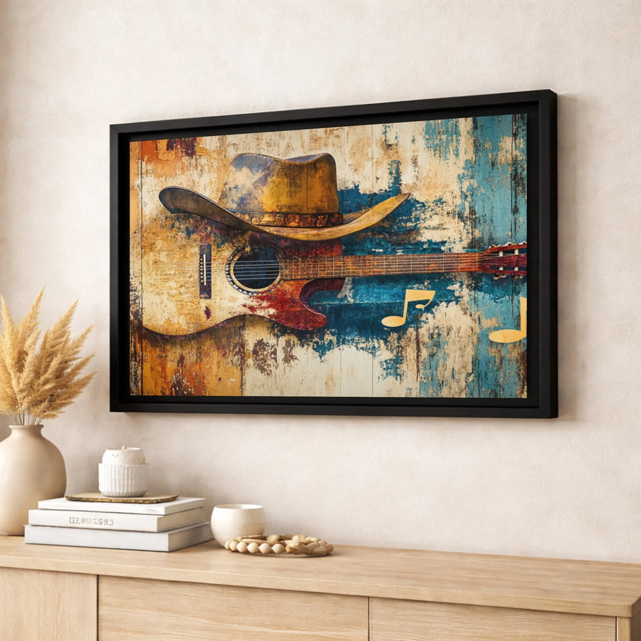 Rustic Country Music Canvas Wall Art | Cowboy Hat and Guitar Western Decor | Premium Fade-Resistant Print | Gift for Music Lovers