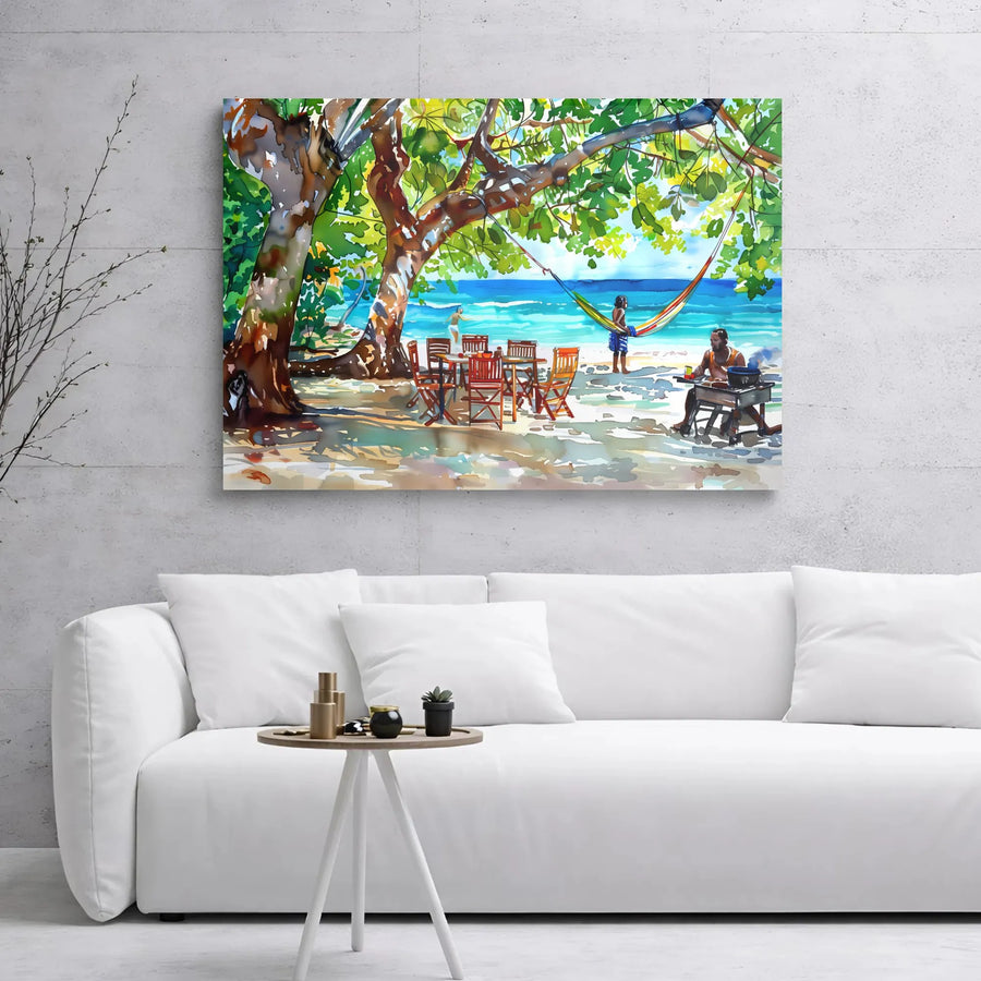 Tropical Beach Canvas Wall Art | Relaxing Hammock Picnic Watercolor Print | Gallery Wrapped Premium Decor | Summer Coastal Living Gift
