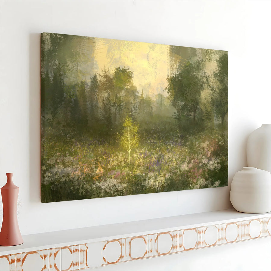 Enchanted Forest Canvas Wall Art | Glowing Tree in Wildflower Meadow Print | Premium Gallery Wrapped Canvas | Spiritual Home Decor Gift