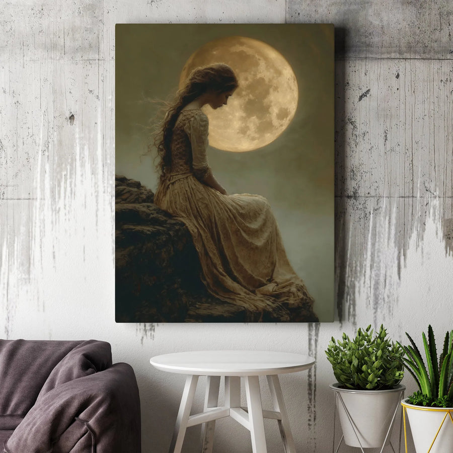 Full Moon Wall Art | Ethereal Woman Portrait Canvas | Premium Gallery Wrap Print | Gothic Romantic Home Decor Gift