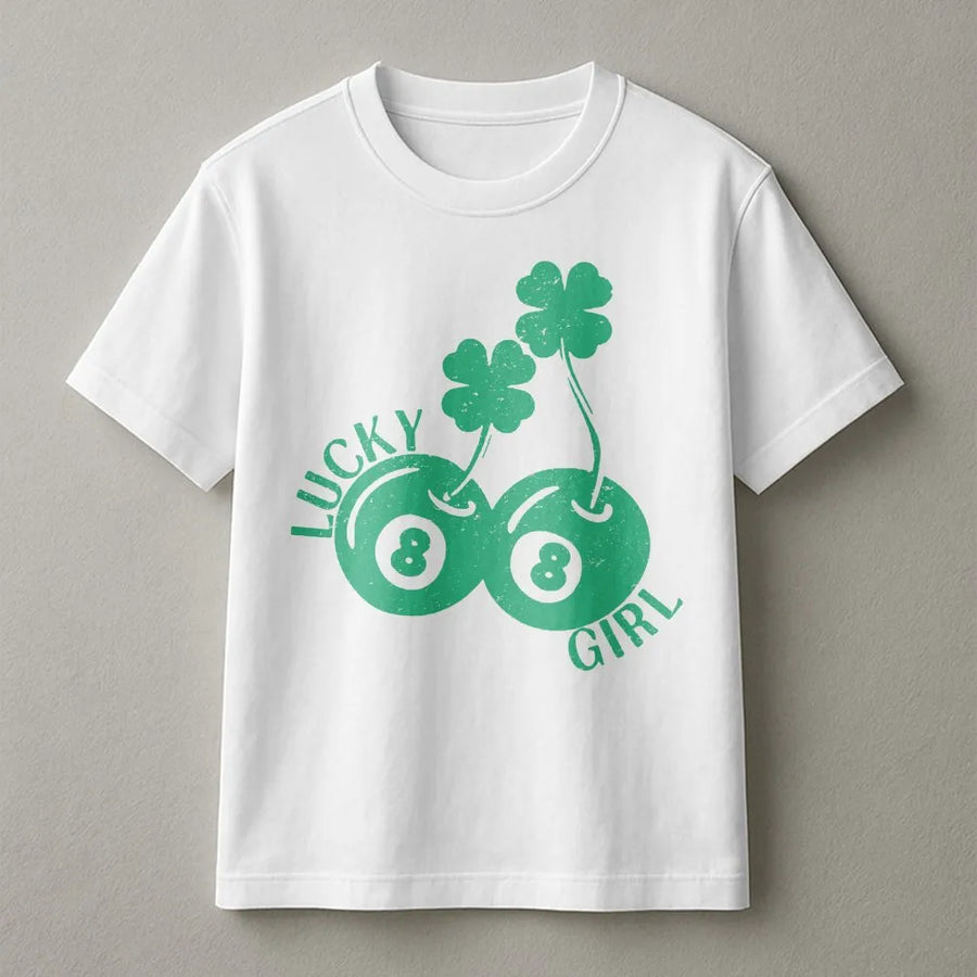 Lucky Girl T-Shirt | Eight Ball Cherry Clover Design | Premium 100% Cotton Tee | Retro Y2K Style St Patrick's Day Gift for Her