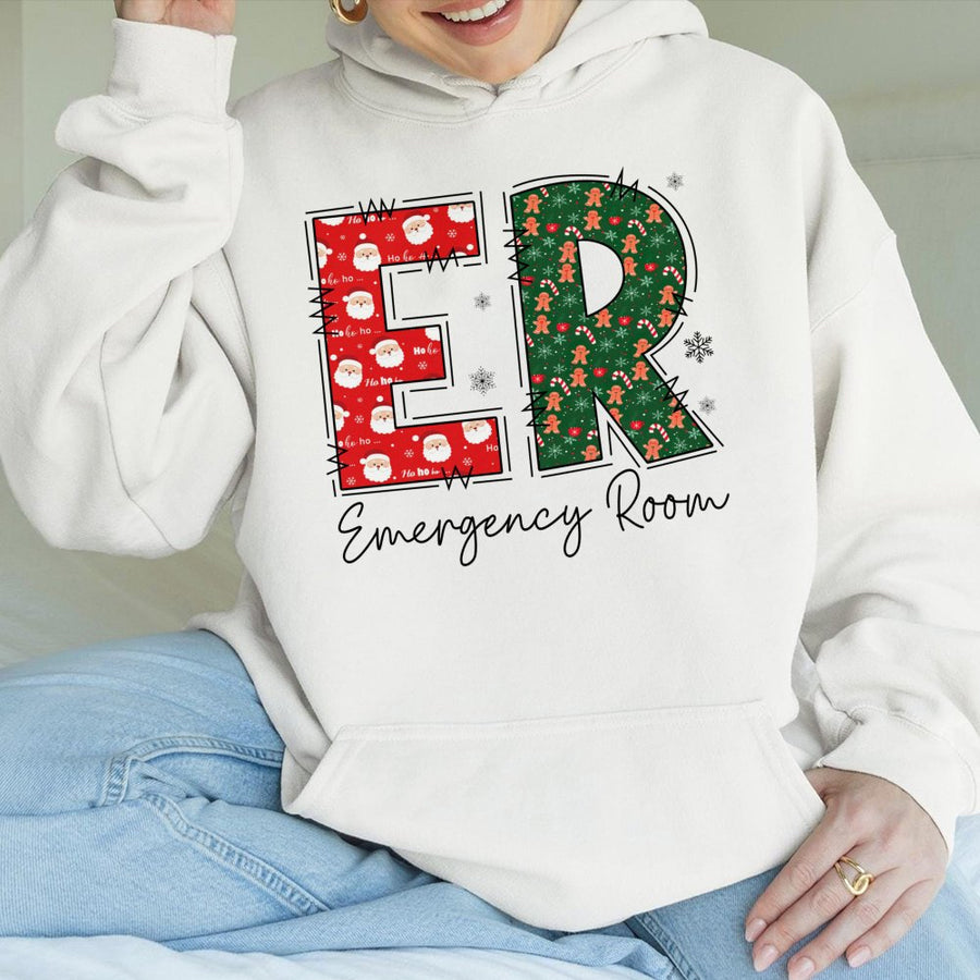 ER Nurse Christmas Hoodie | Festive Emergency Room Medical Graphic | Premium Cotton Blend | Holiday Gift for Nurses and Doctors