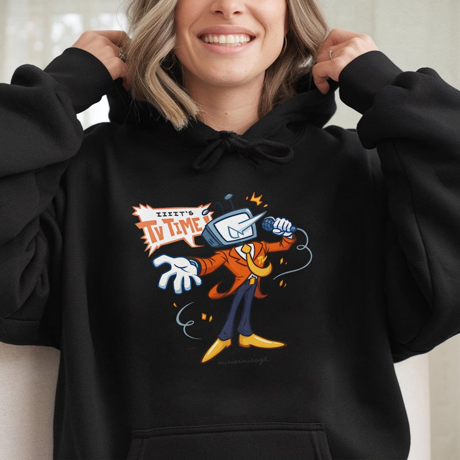 It's TV Time Hoodie | Retro Cartoon TV Head Character Graphic | Premium Cotton Blend | Funny Gaming Gift for Gamers