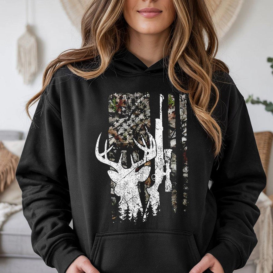 Deer Hunting Hoodie | Camo American Flag Graphic | Premium Cotton Blend | Gift for Hunter Men and Women
