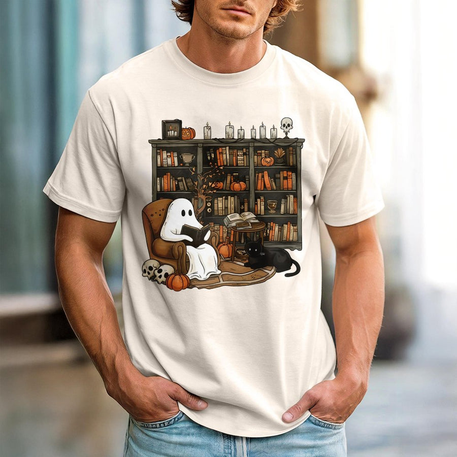 Ghost Reading Books T-Shirt | Spooky Librarian Halloween Graphic | 100% Cotton Premium Tee | Unique Book Lover Gift for Readers
