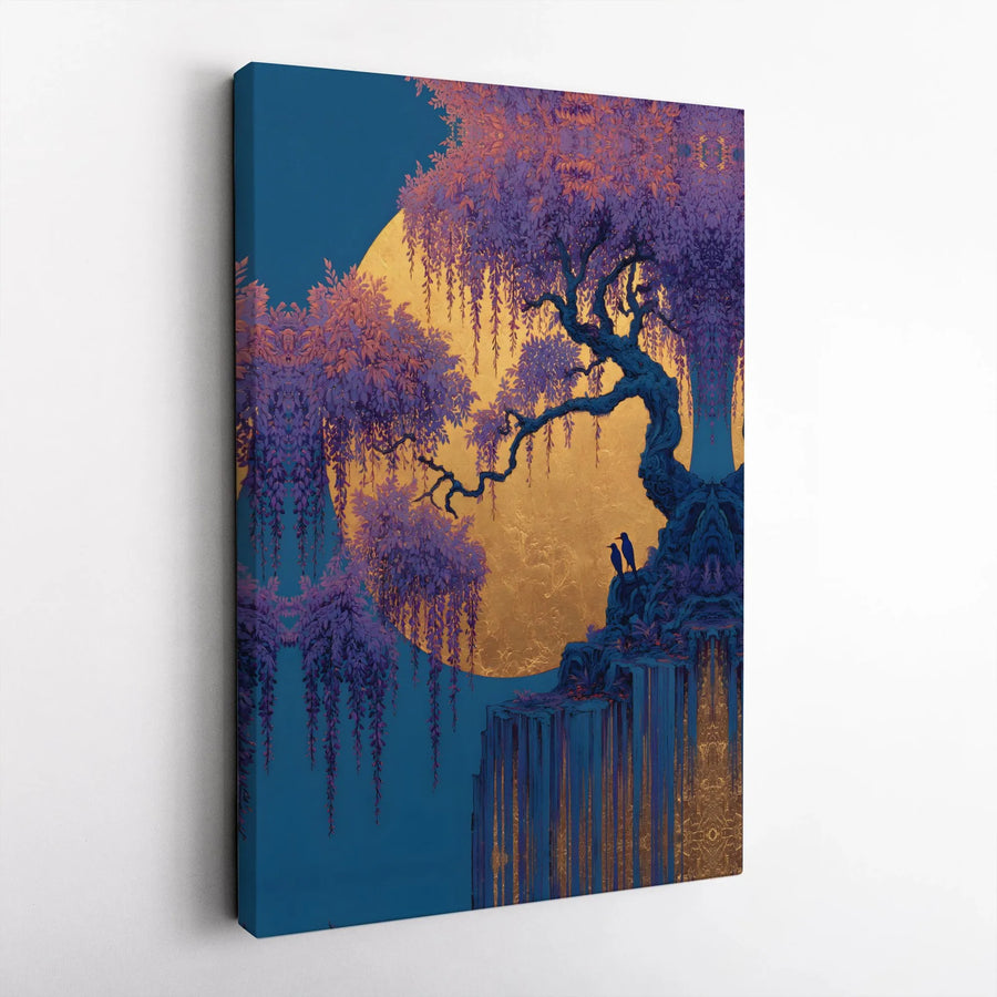 Purple Wisteria Canvas Wall Art | Golden Moon Landscape Print | Gallery Wrapped Premium Canvas | Serene Nature Home Decor Gift