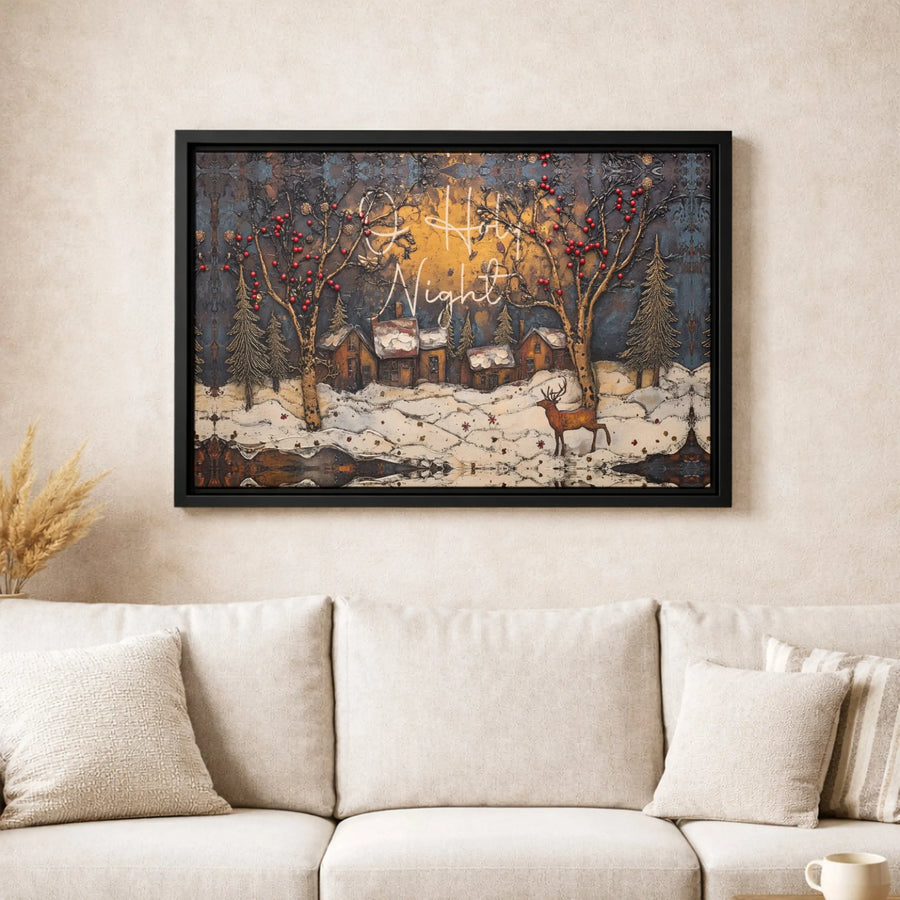 O Holy Night Canvas Print | Winter Village Deer Wall Art | Premium Gallery Wrapped Decor | Holiday Religious Home Gift