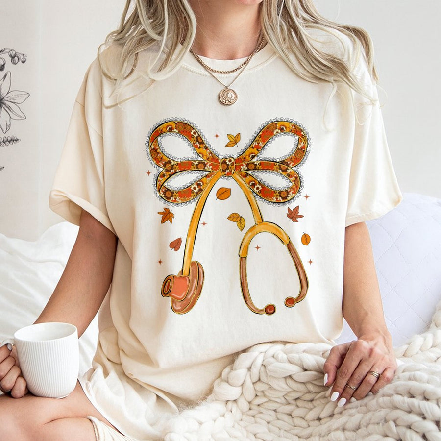 Fall Nurse T-Shirt | Boho Stethoscope With Autumn Leaves Bow | Premium Cotton Unisex Tee | Nursing Student Thanksgiving Gift