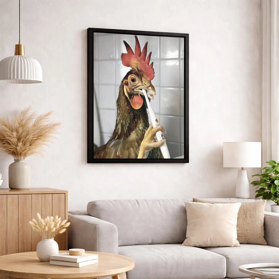Rooster Brushing Teeth Canvas Art | Funny Animal Bathroom Wall Decor | Premium Fade-Resistant Print | Quirky Gift for Farmhouse Lovers