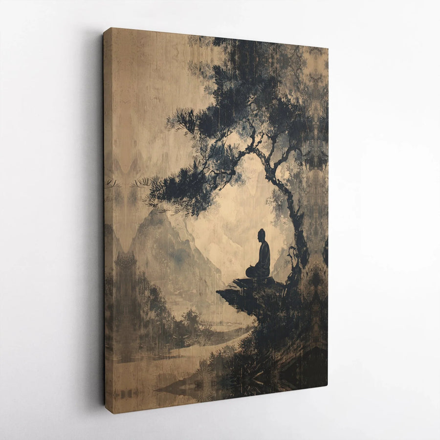 Zen Buddha Canvas Wall Art | Japanese Ink Wash Mountain Landscape | Premium Gallery-Wrapped Print | Mindfulness Home Decor Gift