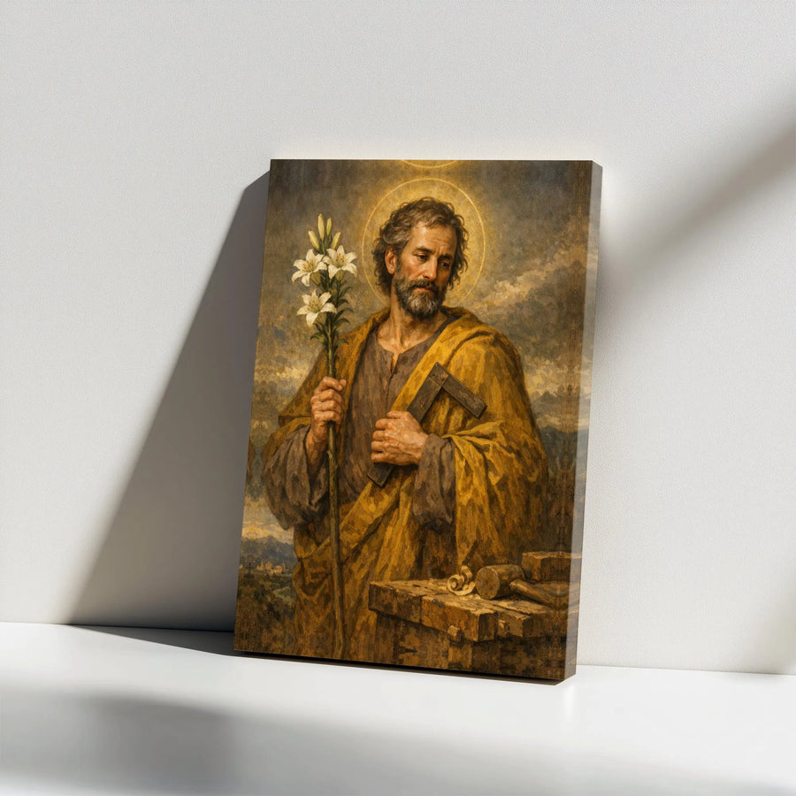 Saint Joseph Canvas Print | Classical Religious Portrait with Lilies | Premium Gallery Wrapped Canvas | Christian Home Decor Gift for Dad