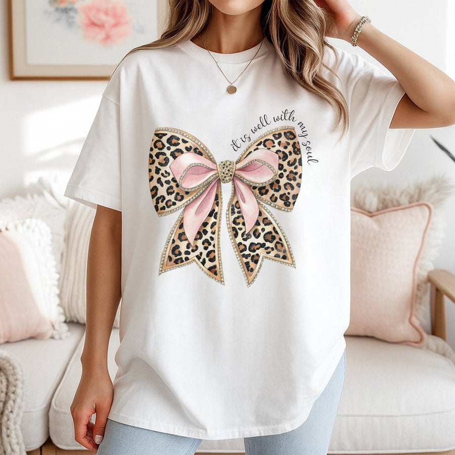 It Is Well With My Soul T-Shirt | Leopard Print Pink Coquette Bow Graphic | Premium 100% Cotton | Christian Faith Gift for Women