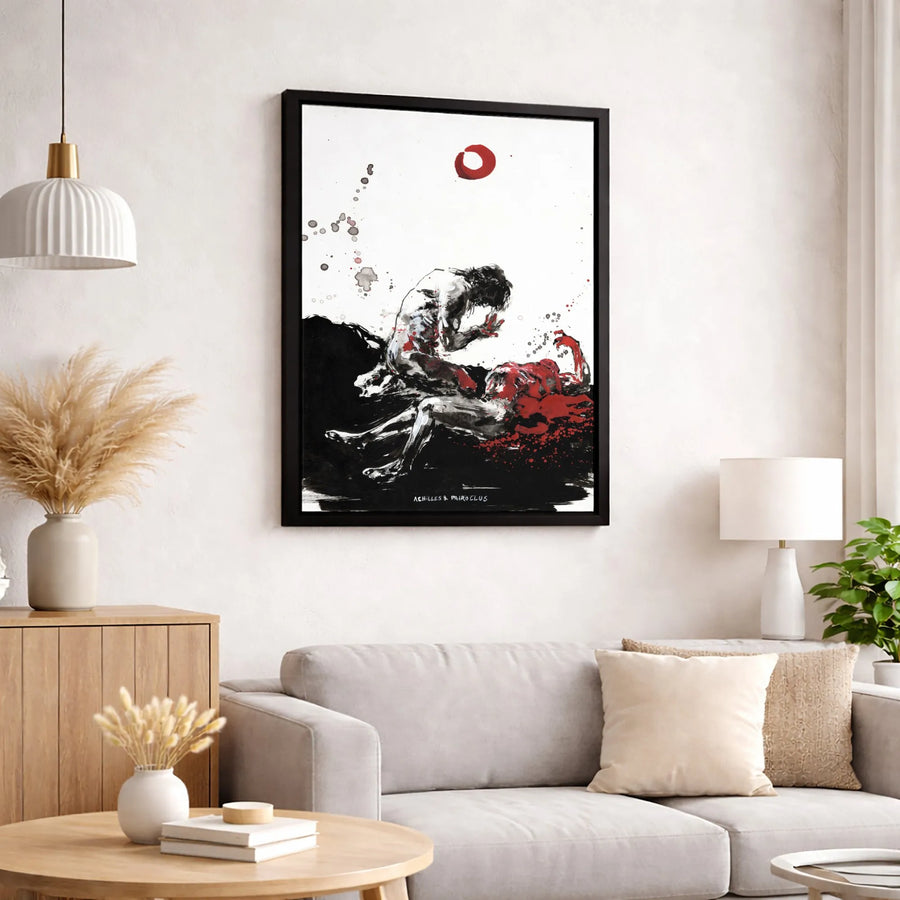 Achilles and Patroclus Wall Art | Greek Mythology Ink Wash Canvas | Premium Gallery Wrapped Print | Classical Literature Home Decor Gift