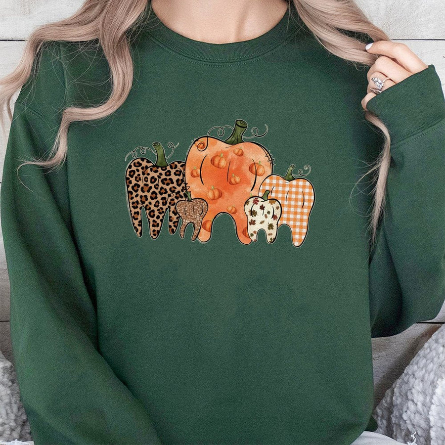 Dentist Pumpkin Sweatshirt | Leopard Print Dental Halloween Graphic | Soft Cotton Blend | Fall Holiday Gift for Dental Hygienist and Dentist
