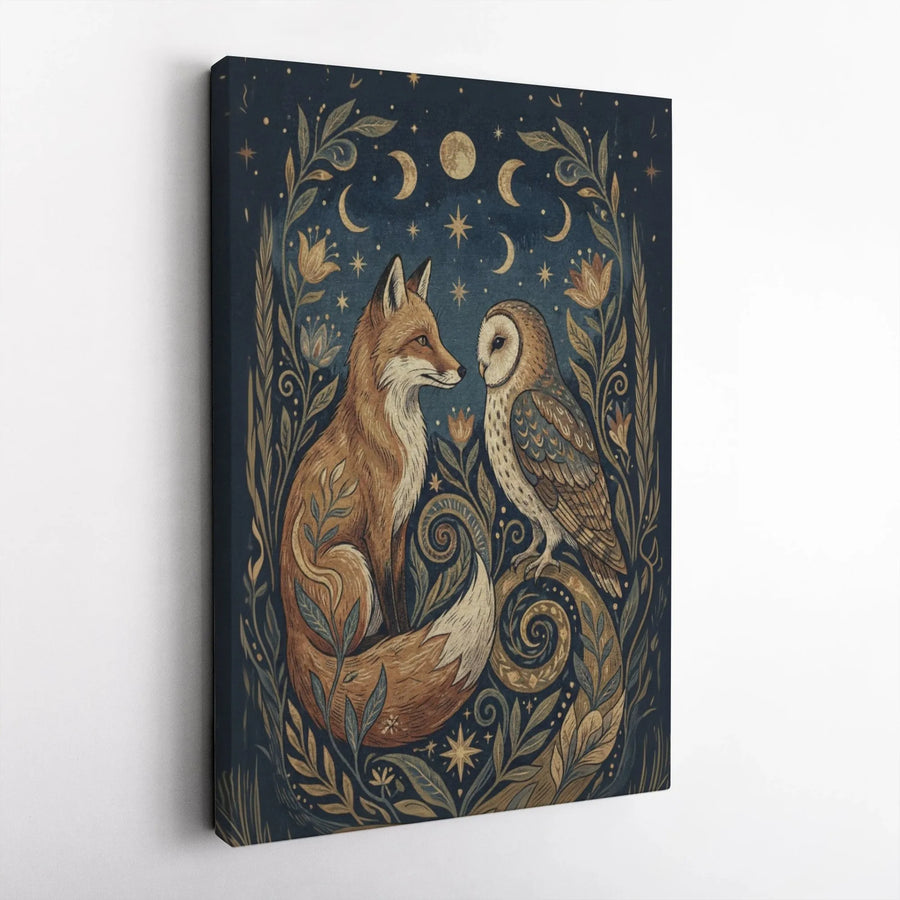 Celestial Fox and Owl Canvas Print | Vintage Woodland Animals Folk Art | Premium Gallery Wrapped Canvas | Mystical Cottagecore Home Decor Gift