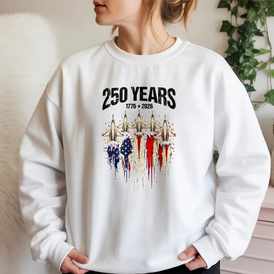 America 250 Years Sweatshirt | Vintage Fighter Jet American Flag Graphic | Premium Cotton | Collector's 4th of July Gift for Patriots