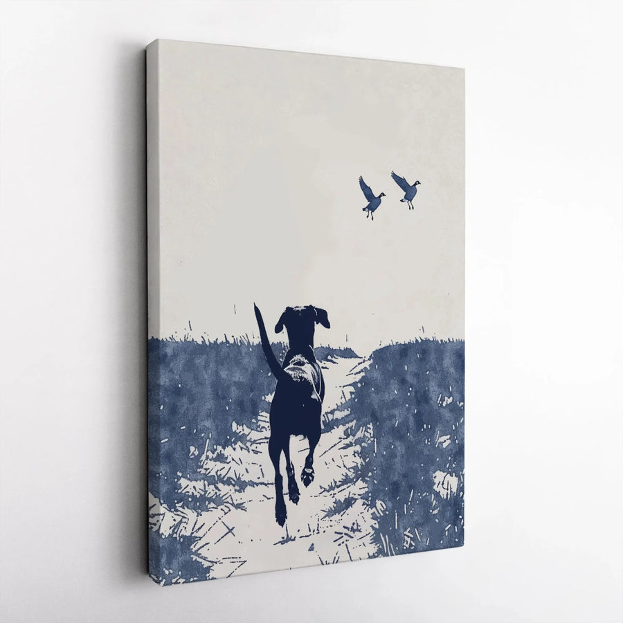 Hunting Dog Canvas Wall Art | Minimalist Labrador Retriever Chasing Ducks | Premium Gallery Wrapped Canvas | Gift for Hunter & Outdoorsman Cabin Decor